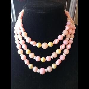 Pink/Cream Three Strands Acrylic Necklace.  Vintage. Beautiful.  60s. Retro